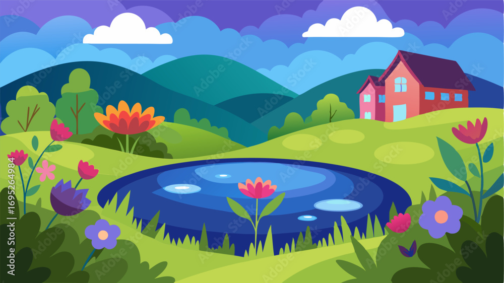 Fototapeta premium A small tranquil pond lies at the heart of the village reflecting the vibrant colors of the surrounding wildflowers.