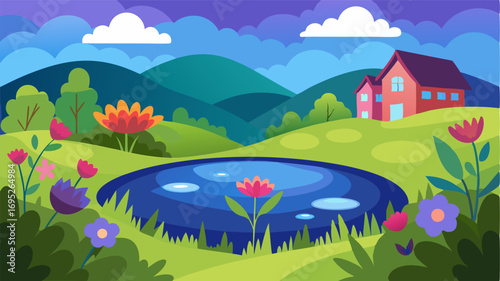 A small tranquil pond lies at the heart of the village reflecting the vibrant colors of the surrounding wildflowers.