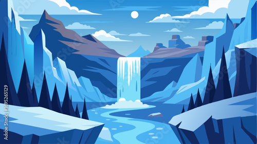 A valley surrounded by tall snowcovered cliffs with frozen waterfalls cascading down their sides creating a magnificent sight.