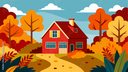 A traditional redroofed farmhouse framed by vibrant autumn foliage.