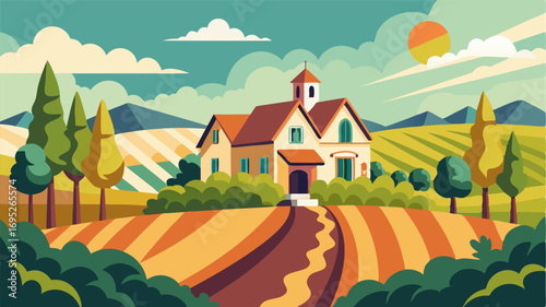 In the distance a charming farmhouse can be seen nestled a the vineyards adding to the quaint and rustic atmosphere.