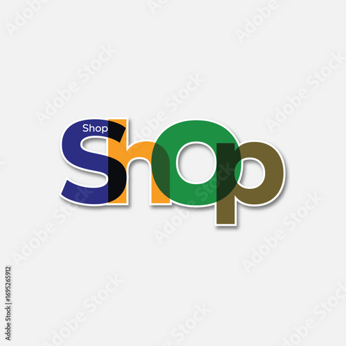 Colorful "Shop" lettering logo. Modern vector icon with overlapping letters for e-commerce, online stores, retail branding, and sale promotions