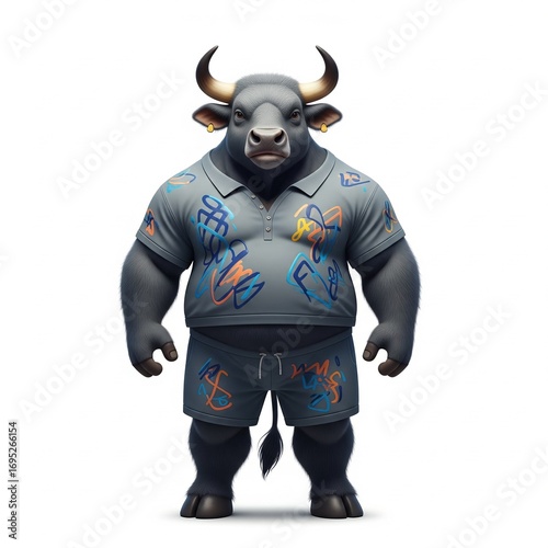 A bull NFT art portrait wearing a shirt and a short isolated on a white background generative ai