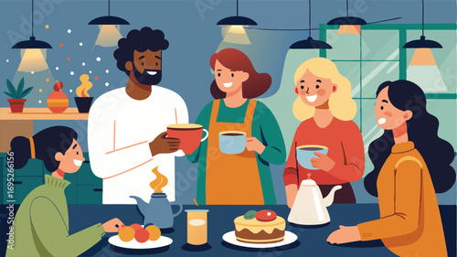 Guests gather in the warmly lit kitchen sharing stories and laughs over plates of homemade desserts and cups of hot cocoa.