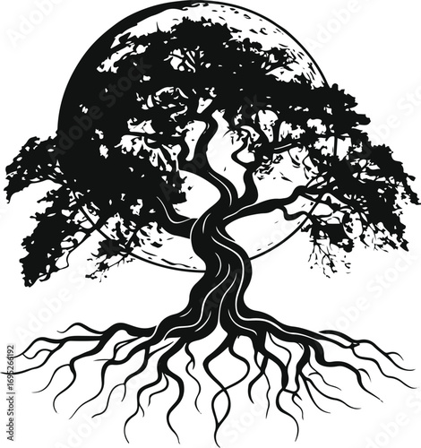 Tree with moon bold outline black line art with thick branches and roots on white background 1