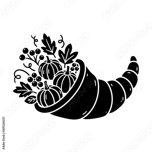 Cornucopia filled with autumn harvest vegetables and fruits  