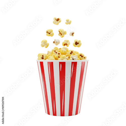 3d Classic popcorn bucket with flying kernels isolated on white