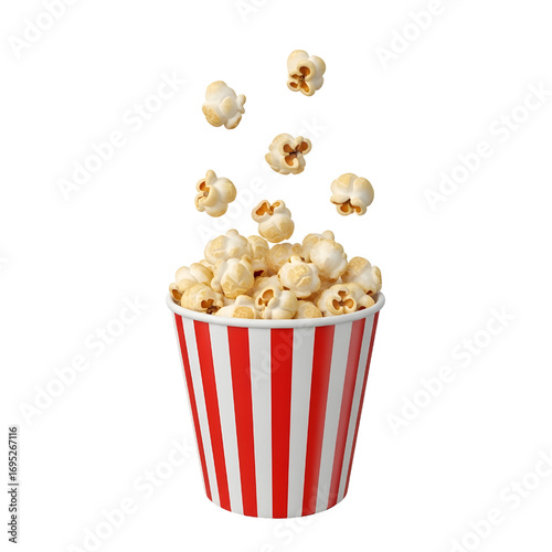 3d Classic popcorn bucket with flying kernels isolated on white