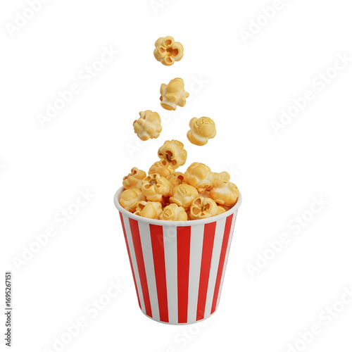 3d Classic popcorn bucket with flying kernels isolated on white