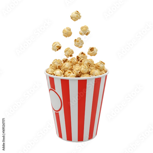 3d Classic popcorn bucket with flying kernels isolated on white