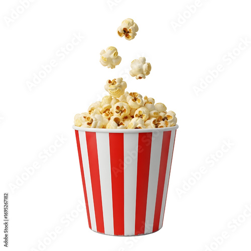 3d Classic popcorn bucket with flying kernels isolated on white