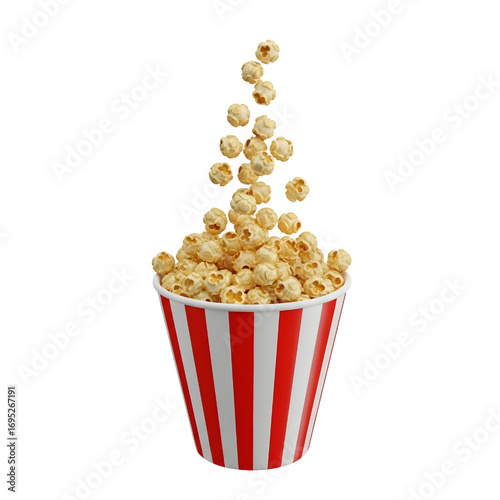 3d Classic popcorn bucket with flying kernels isolated on white