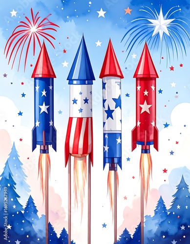 Fireworks rockets against a sky