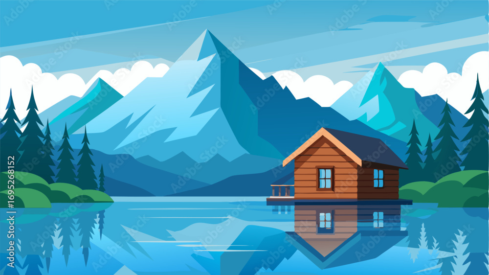 Fototapeta premium A simple wooden cabin built on the edge of a crystalclear lake with the majestic snowcapped mountains reflecting in its tranquil waters.