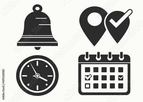Illustration of a bell, two location pins, a clock, and a calendar with checkmarks on a white background