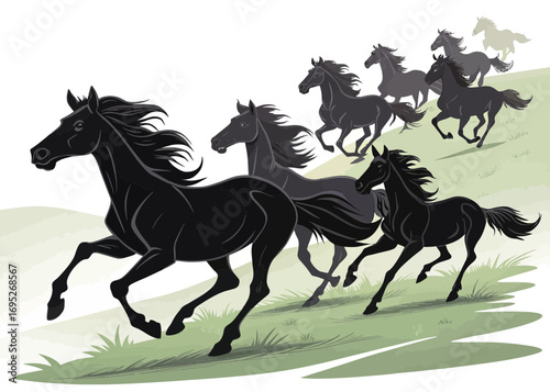 A group of black horses running across a grassy hill with a white background in a cartoon style