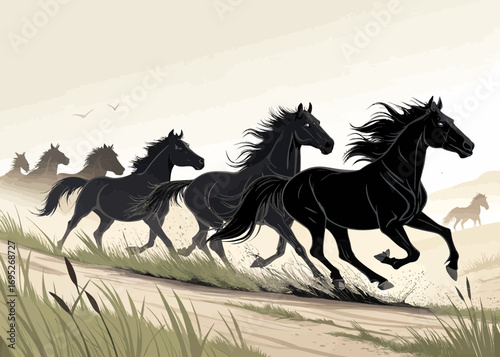 A herd of black horses running together across a grassy field under a pale sky with scattered birds