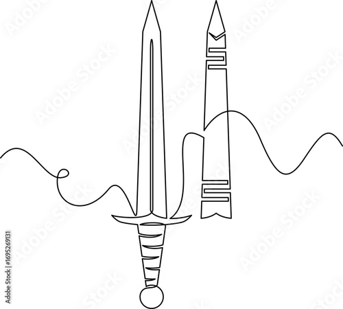 one line art Arming Sword vector illustration. line art, one continuous line, simple, hand drawn and sketch style. for icons, symbols, signs or logos. PNG