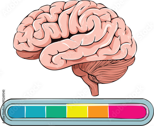 A human brain with a colorful loading or power bar underneath. A concept for mental health, creativity, knowledge, intelligence, and brainstorming. Generative AI