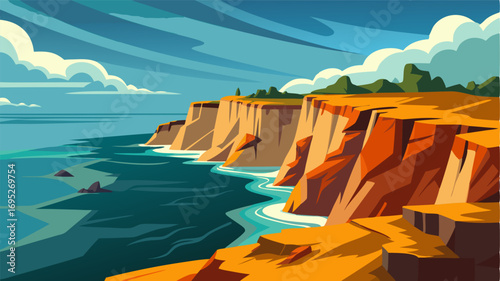 A stunning panorama of an eroded coastline with dramatic sea cliffs and tered boulders that seem to defy gravity.