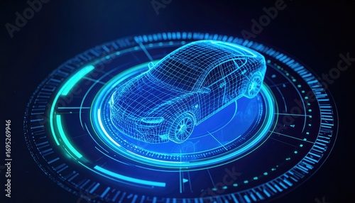 Wallpaper Mural Digital wireframe car model on a luminous futuristic interface, symbolizing advanced automotive technology, engineering, and future innovation. Torontodigital.ca