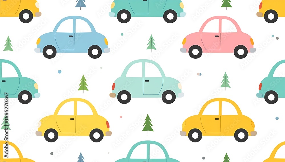 Cute cartoon cars and trees seamless pattern Cute cartoon cars and trees seamless pattern