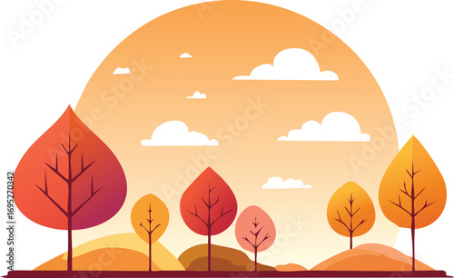 A simple and stylized vector illustration of an autumn landscape with colorful trees, clouds, and a large sun. A modern, flat design for seasonal backgrounds. Generative AI