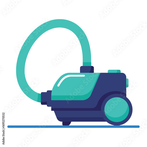 Art of modern vacuum cleaner with a turquoise hose and dark blue body, isolated on white background