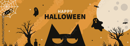 Happy Halloween Silhouette Banner: A spooky Halloween banner with a grinning black cat, creepy silhouettes, and playful ghosts dancing against an orange backdrop