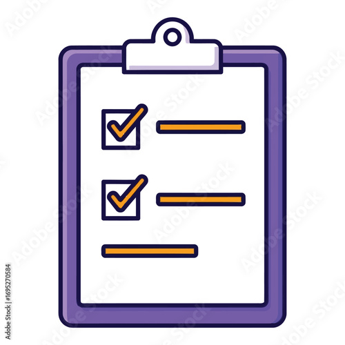 Art of purple clipboard with a checklist and two completed tasks, isolated on white background