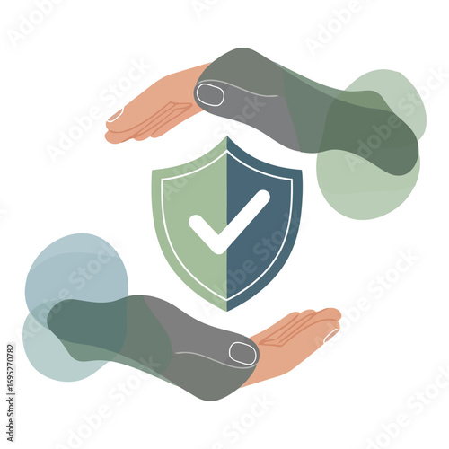 Art of hands protecting a shield with a checkmark, symbolizing security and safety, isolated on white background