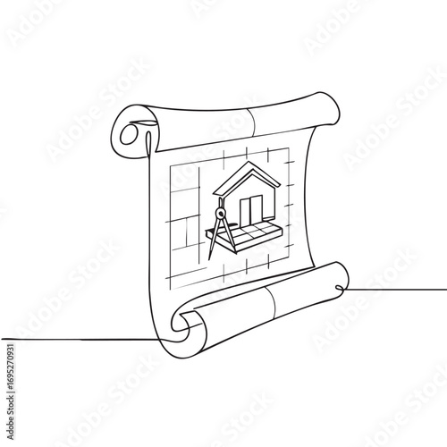 A continuous line drawing depicts a house blueprint on a scroll, symbolizing architectural design, construction planning, and real estate development.