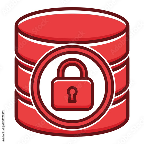 Art of red database icon with stacked cylinders and a central circular emblem containing a red padlock, signifying secure data storage
