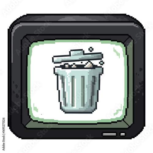 Art of pixel art of a trash can icon displayed on an old computer screen, symbolizing digital cleanup and deletion, isolated on white background