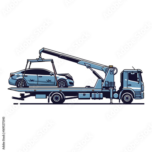 Art of a tow truck lifting a car onto its flatbed, illustrating vehicle transport and roadside assistance services, isolated on white background