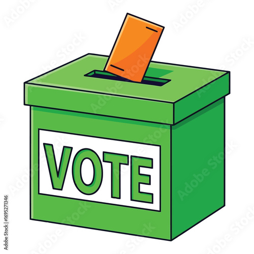 Art of green ballot box with a single orange ballot paper being inserted into the slot, isolated on white background