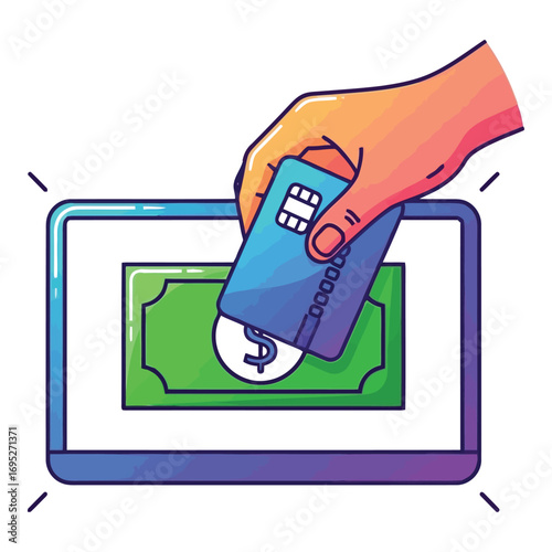 Art of hand inserting a blue credit card into a digital device displaying money, symbolizing online payment