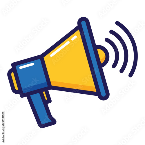 Art of stylized blue and yellow megaphone with sound waves, symbolizing announcement and communication, isolated on white background