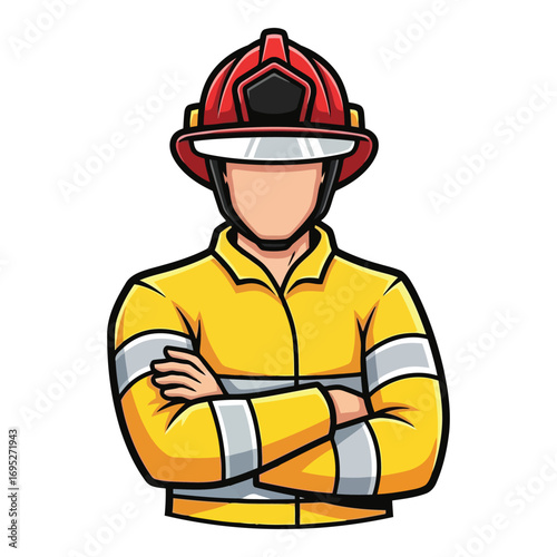 Art of a brave firefighter in a yellow uniform and red helmet, with arms crossed, symbolizing strength, safety, and emergency response