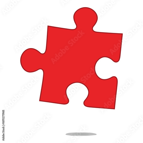 Art of a single red jigsaw puzzle piece isolated on a white background, casting a subtle shadow below