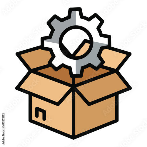 Art of open cardboard box with a prominent gear on top, symbolizing industry, manufacturing, and mechanical engineering solutions, isolated on white background