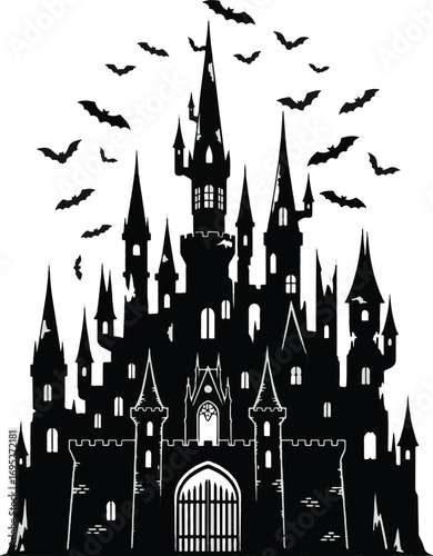 Spooky Haunted Castle with Bats Flying Around.