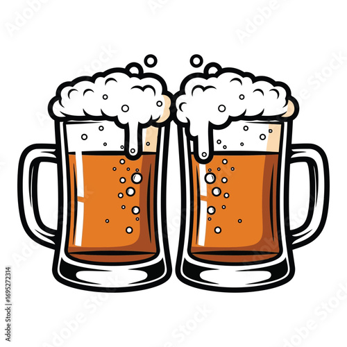 Art of two frothy mugs of golden beer, perfect for celebrating good times and enjoying a refreshing drink