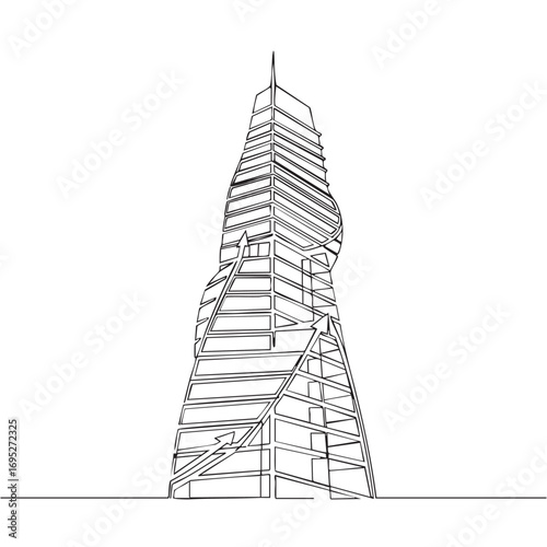 A sleek, continuous line art illustration depicts a modern, high-rise skyscraper featuring a unique twisted architectural design, symbolizing urban innovation.