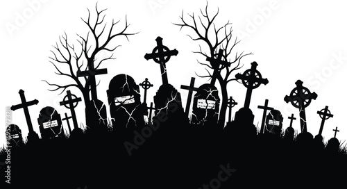 Spooky Graveyard Silhouette with Tombstones and Bare Trees.