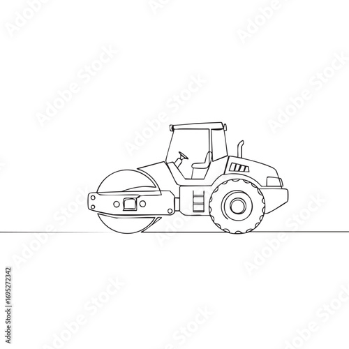 A detailed line art illustration of a heavy-duty road roller, expertly rendered in a minimalist style, perfect for construction-themed designs and industrial projects.