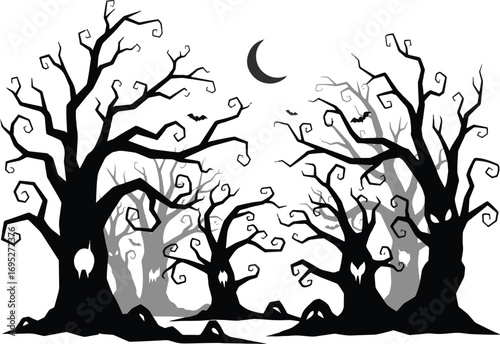 Spooky silhouette of bare trees under a crescent moon in the night.