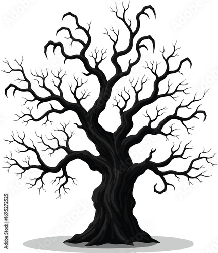 Silhouette of a Spooky Bare Tree with Twisted Branches and Roots.