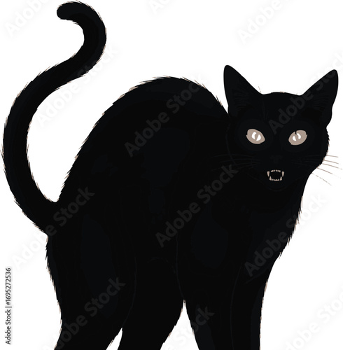 Black cat silhouette, focused on feline form, detailed posture, sharp eyes, and powerful tail, a captivating image of a black cat.