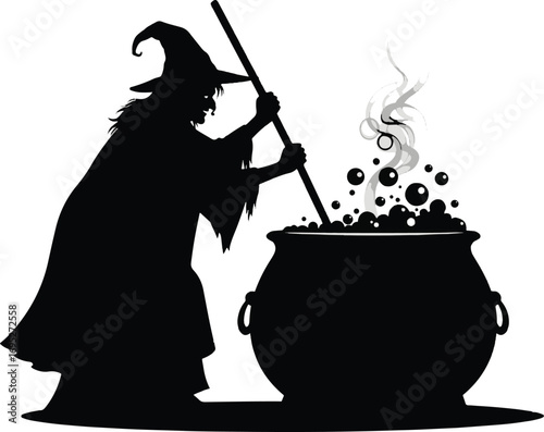 Silhouette of a Witch Stirring a Cauldron with Bubbling Potion.